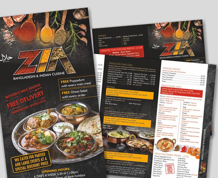 Zia Bangladeshi & Indian Restaurant - A4 Menu Printing - U Fold from Low Cost Menus.